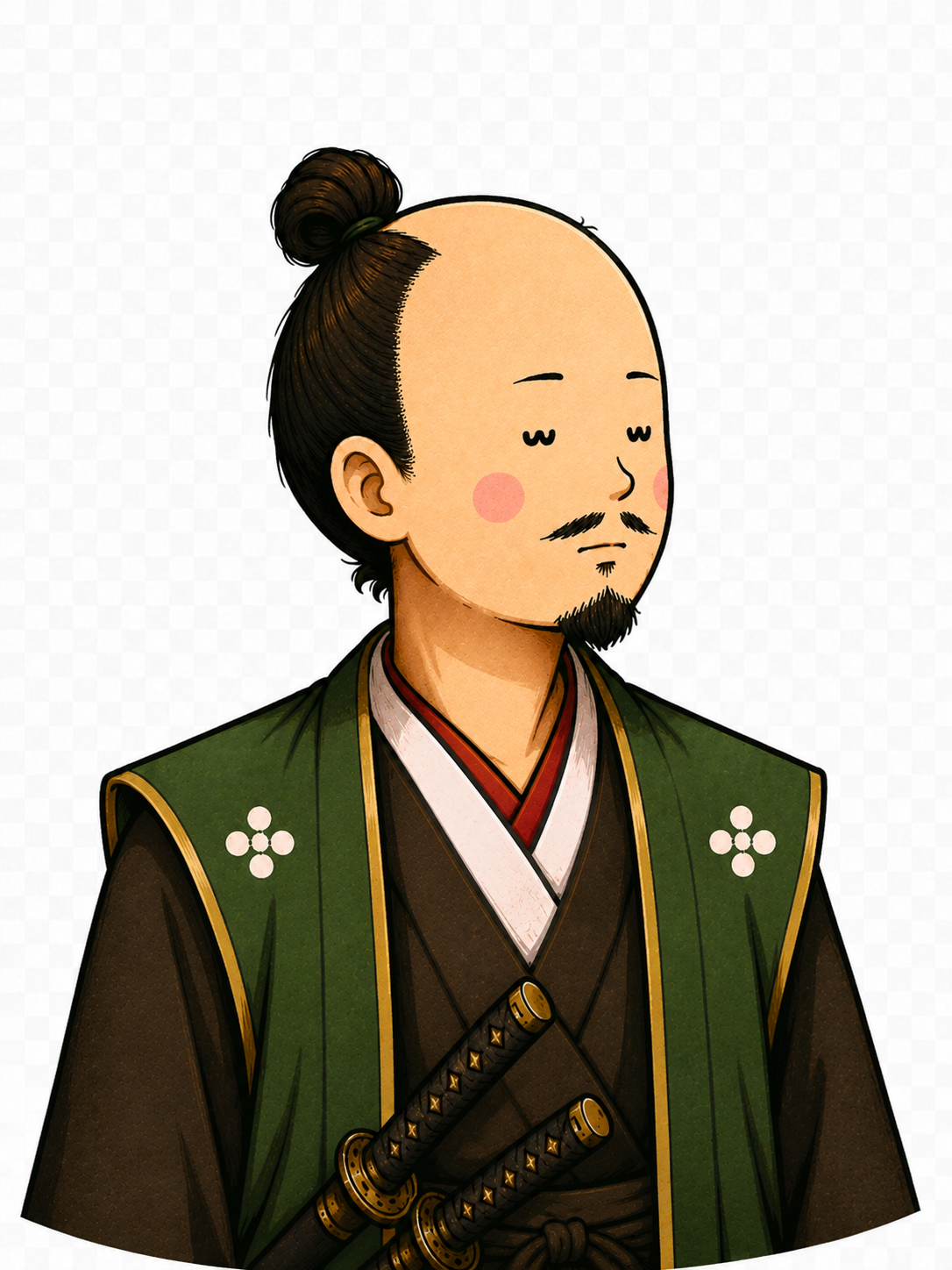 The samurai, slightly older and more thoughtful, in green and brown robes.