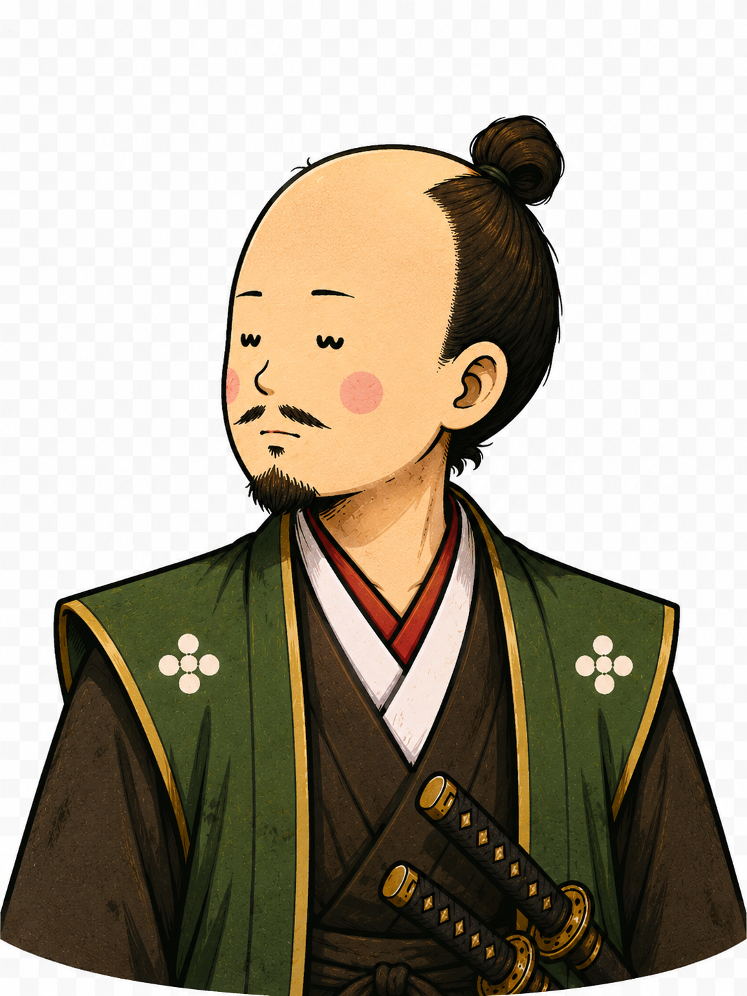 The samurai, looking off to the side, considering something.