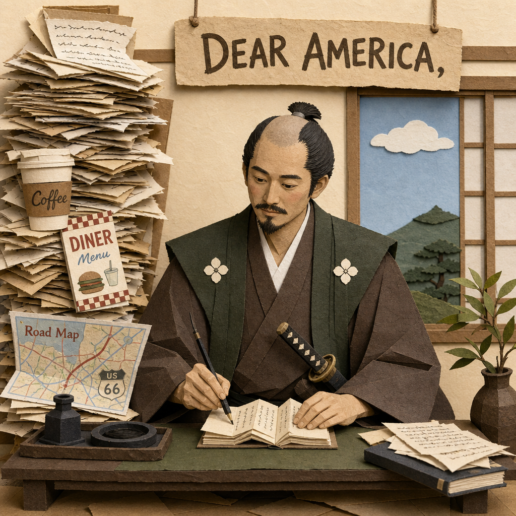 A papercraft samurai writes at a small desk under a sign reading 'Dear America,' surrounded by drafts and notes.