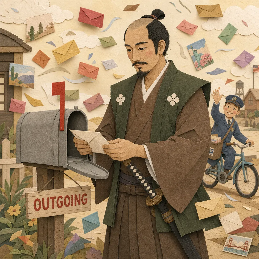 A papercraft samurai posts a letter into a small American mailbox with the red flag up, paper envelopes fluttering around him.