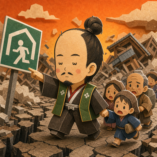 Samurai leading evacuation from earthquake