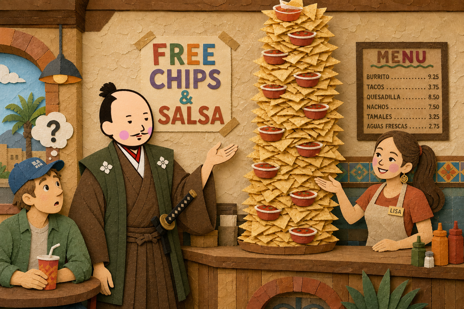 A papercraft samurai marvels at a towering stack of free chips and salsa at a small American restaurant counter.