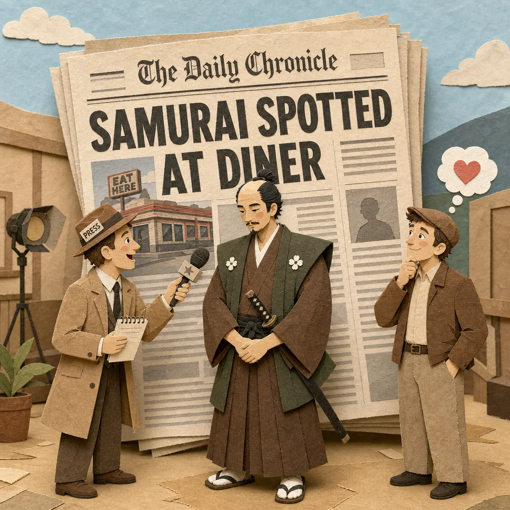 A papercraft samurai stands before a giant cut-paper newspaper headline reading ‘Samurai Spotted at Diner.’