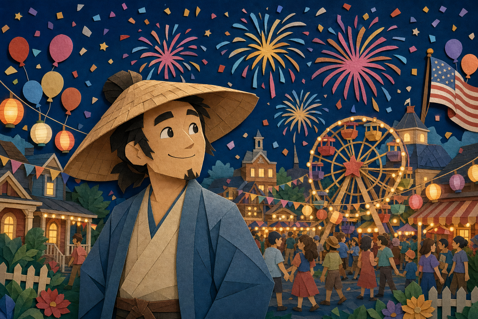 A cheerful samurai watching fireworks over an American festival night