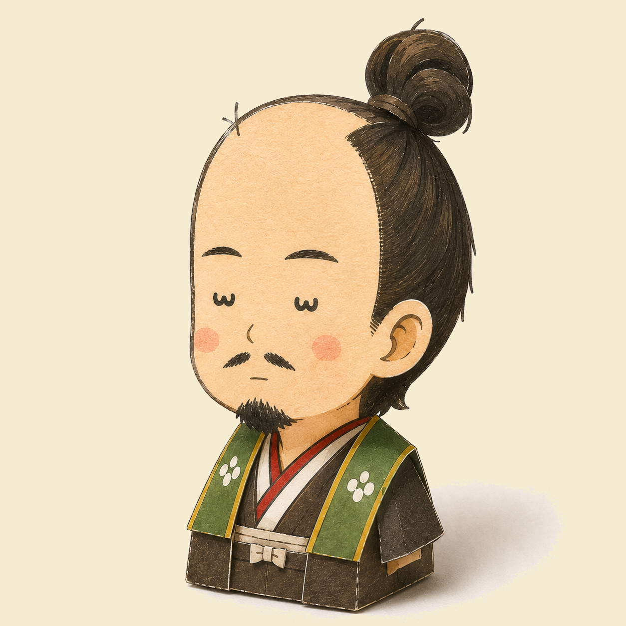 A papercraft bust of the samurai, calm and thoughtful, in green and brown robes.
