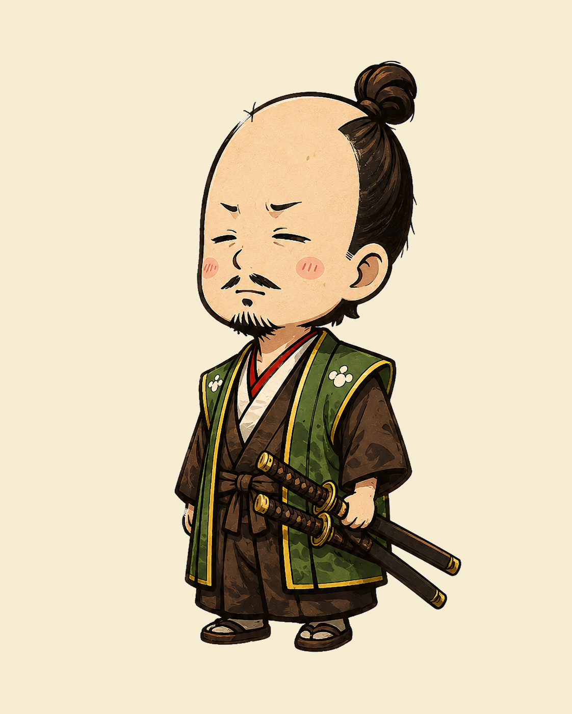 A papercraft samurai standing full-length with a stern, comically serious expression.