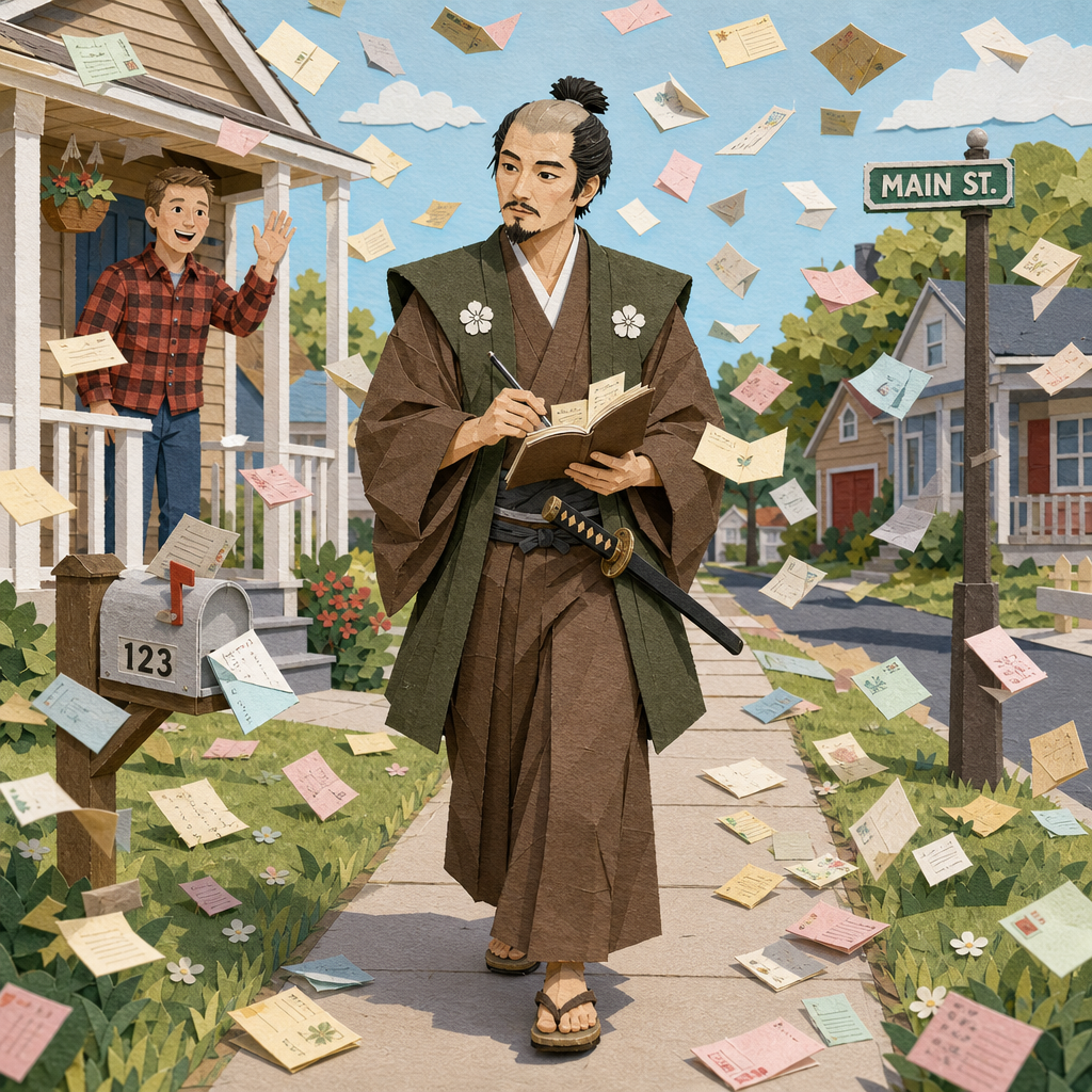 A papercraft samurai walks down Main St. writing in a notebook as paper letters flutter through the air around him.